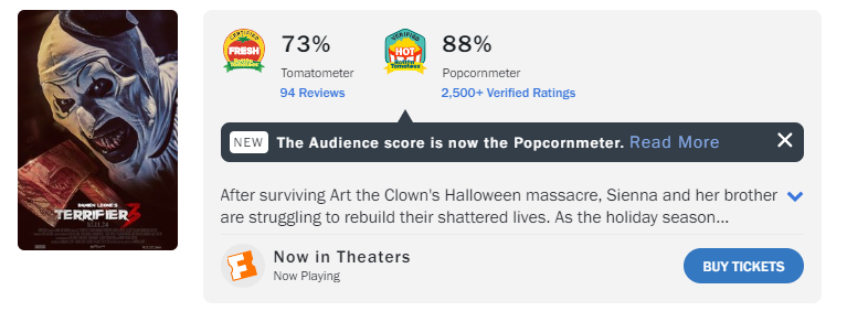 BDisgusting's tweet photo. TERRIFIER 3 has made more history ahead of its second weekend at the box office, becoming the first new horror movie that's both Certified Fresh and Verified Hot on Rotten Tomatoes. Congrats, @damienleone! https://t.co/NEYQz5ZiTc