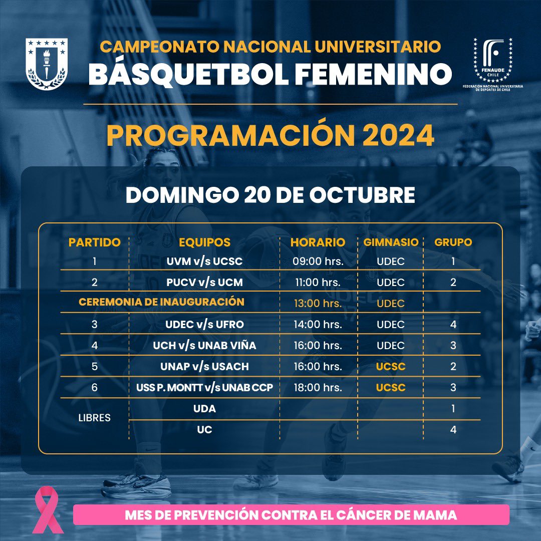 vrim_udec's tweet photo. 🏀En el marco del Mes de Prevención contra el Cáncer de Mama, les invitamos a participar de los partidos del Campeonato Nacional Universitario Básquetbol Femenino en UdeC.

🗓️Del 20 al 25 de octubre.
🎟️Entrada Liberada. 

📍Revisa el calendario y sé parte de esta gran actividad. https://t.co/ygj7IOJxsr