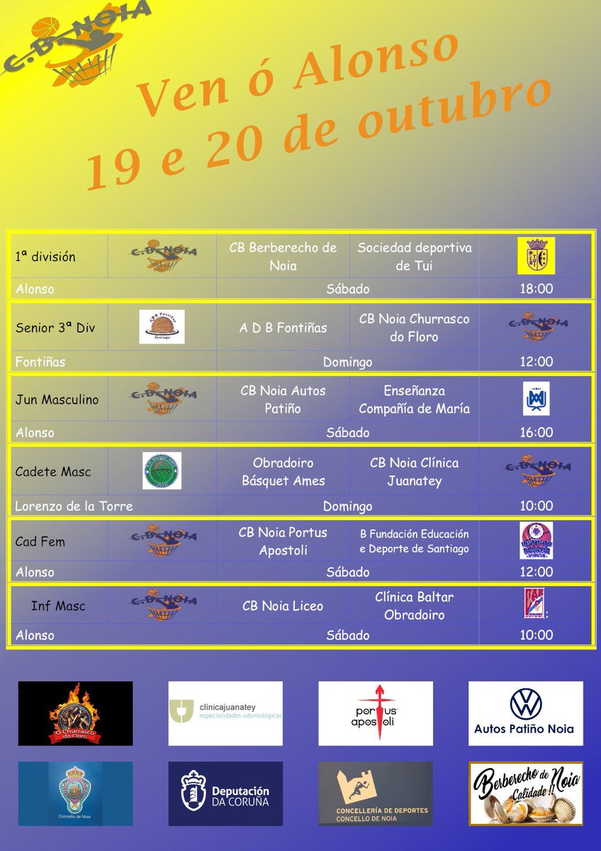 Sábado completiño con 2 partidos pola mañá e 2 pola tarde. Fora da casa outros 2. Moita sorte a todos 💪🏻💪🏻🏀❤️
@fans destacados
CB.Noia