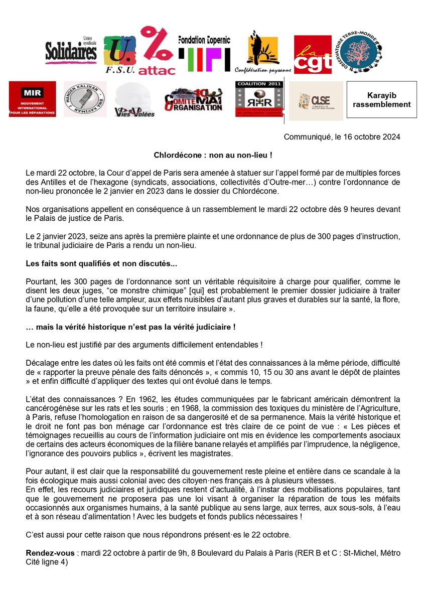 #chlordécone : non au non-lieu ! 
14 syndicats et organisations appellent  à un rassemblement le 22 octobre dès 9h devant le Palais de justice de Paris. La Cour d’appel doit statuer sur l’appel formé contre l’ordonnance de non-lieu prononcée en 2023 dans ce dossier. 👇