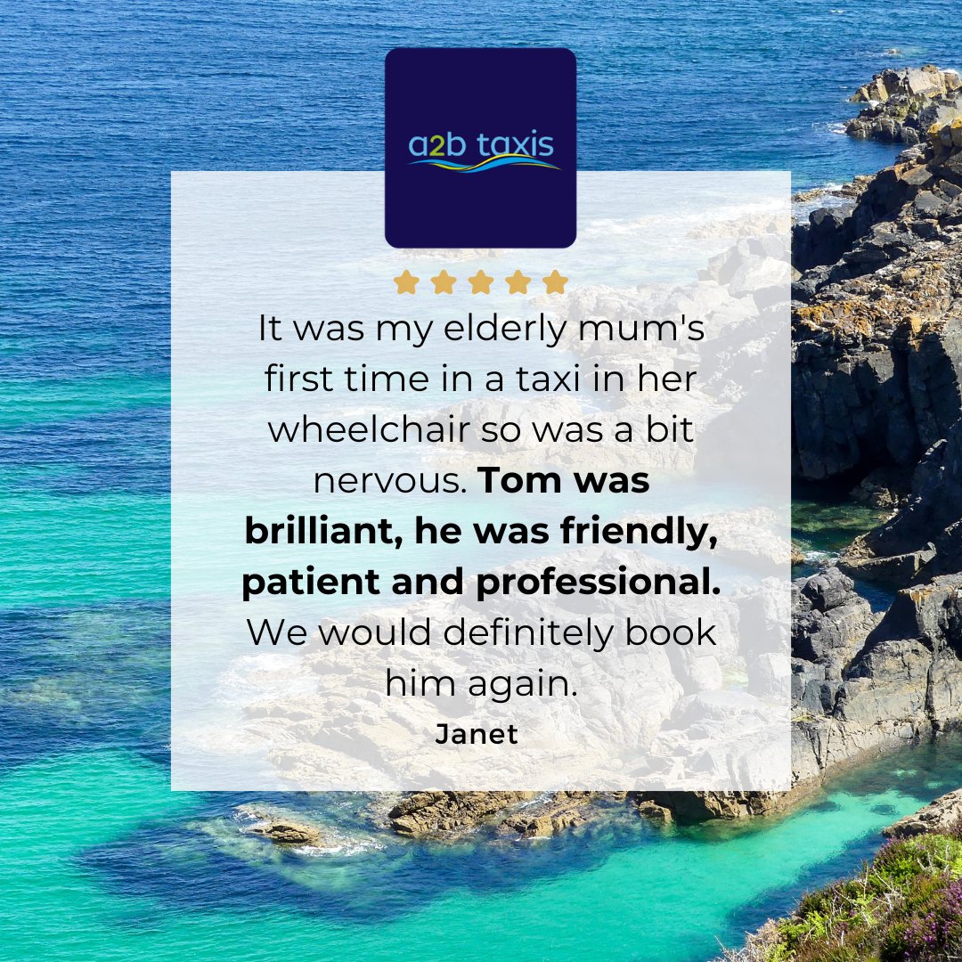 We're really glad Tom made your mum's first trip in wheelchair so comfortable and stress-free. If you ever need a wheelchair-friendly vehicle in the future, just give us a call and we'll be happy to help!

📲 Download our app bit.ly/A2BTaxis
📞 01872 272989