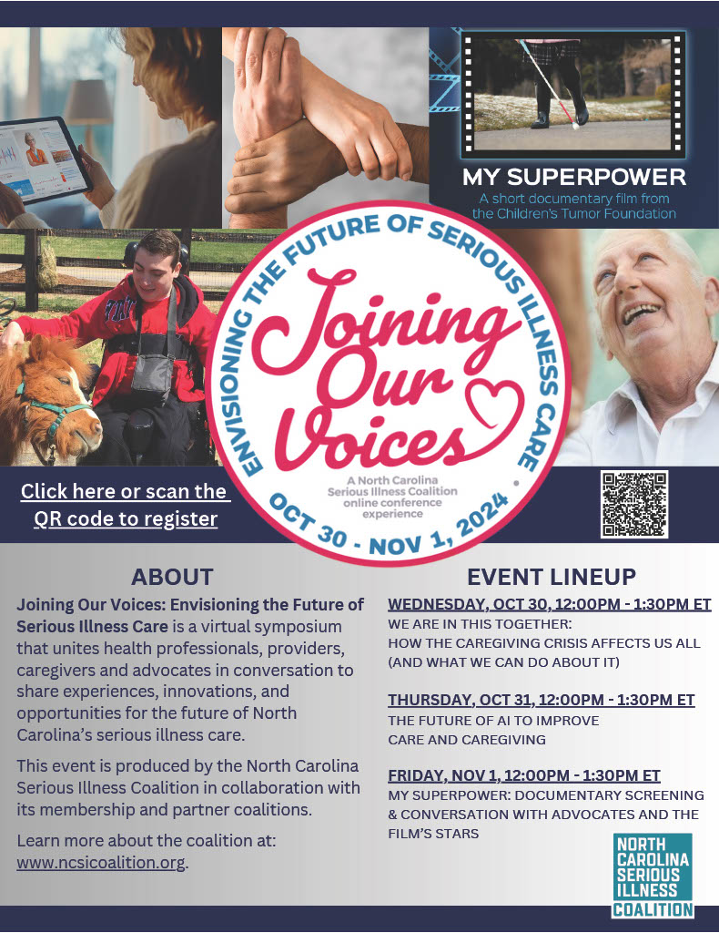 We're less than 2 weeks away!  Be sure to register for the free, online, 3rd Annual Joining Our Voices: Envisioning the Future of Serious Illness Care virtual symposium (October 30-November 1st -- 12:00 pm-1:30 pm ET each day)

Register Here: bit.ly/4dnfHds