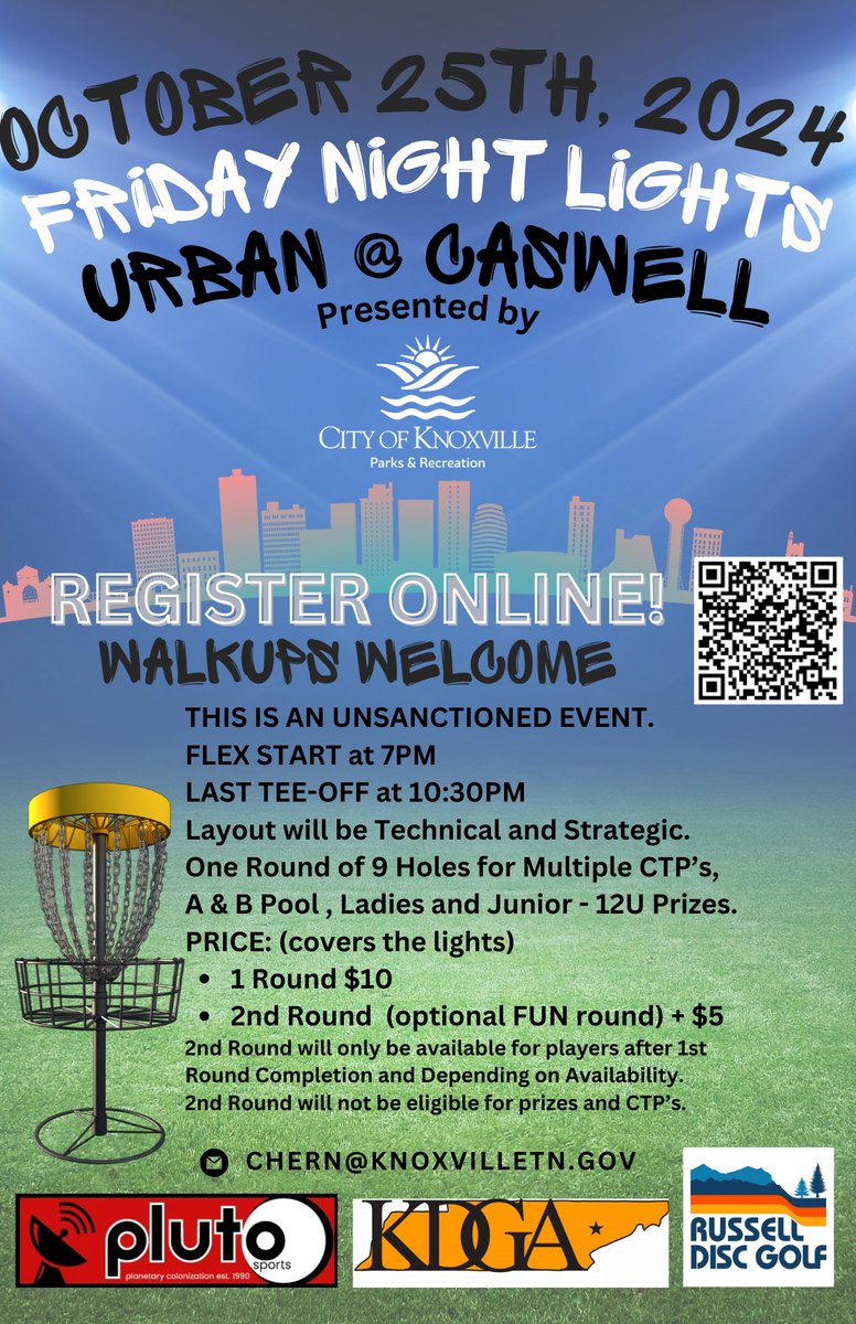 City of Knoxville (@cityknoxvilletn) on Twitter photo .<a href="/KnoxvilleParks/">Knoxville Parks & Recreation</a> hosts Friday Night Lights Urban Disc Golf on Oct. 25 at Caswell Park. The whole family is invited to play nine holes of fun and tricky disc golf. $10 per person.
Register at knoxville.recdesk.com/Community/Prog…. .<a href="/KnoxvilleParks/">Knoxville Parks & Recreation</a> hosts Friday Night Lights Urban Disc Golf on Oct. 25 at Caswell Park. The whole family is invited to play nine holes of fun and tricky disc golf. $10 per person.
Register at knoxville.recdesk.com/Community/Prog….