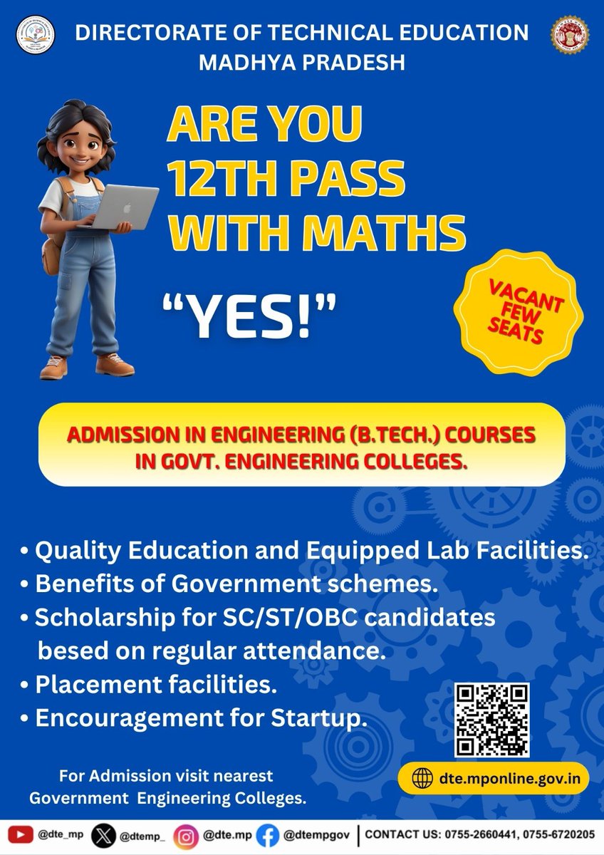 Admission in engineering (B.Tech) courses in Govt. engineering colleges.

#polytechnicsahihai 
#Diploma #Govtpolytechnic #highereducation #EngineeringDiploma #Polytechnic #iti <a href="/JansamparkMP/">Jansampark MP</a> <a href="/GPC_Rajgarh/">Govt. Polytechnic College, Rajgarh</a>