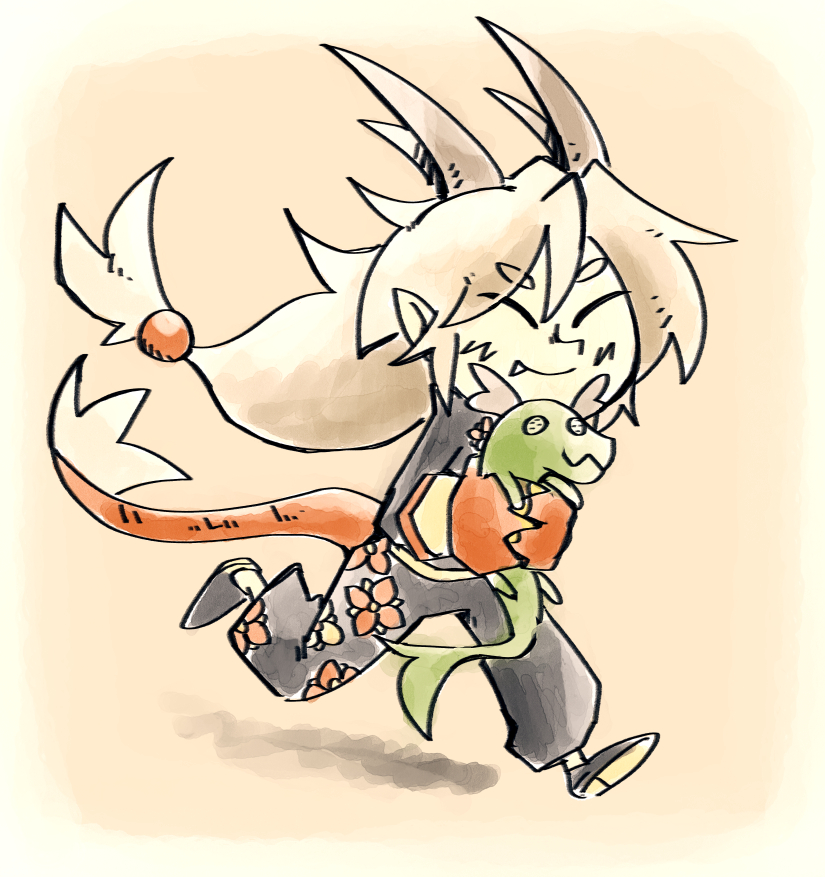 Last but not least, a commission of Exit visiting a human village in a shitty disguise to purchase a dragon plushie, but misses a very crucial detail. 