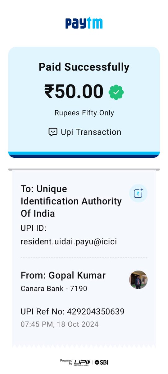 Bscag3's tweet photo. @ceo_uidai  https://t.co/L9jINsMUgR
I have made payment for order pvc aadhar card. But it is not showing in my dashboard. How will get my pvs aadhar card after making payment of 50 . I am sharing with you the payment details of Uiadi. https://t.co/qRPjyqupK7