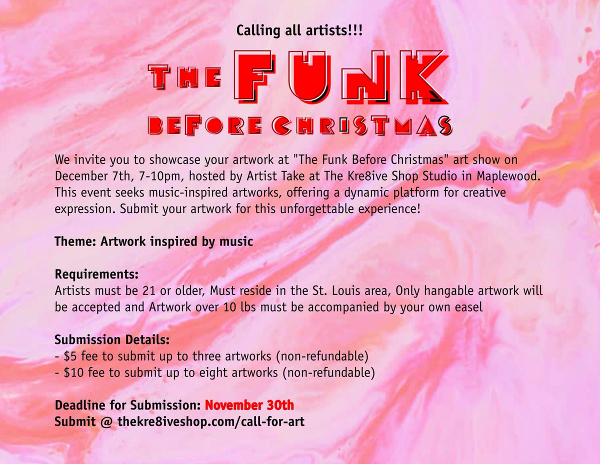 thekre8iveshop's tweet photo. Calling all artist! We invite you to showcase your artwork at "The Funk Before Christmas" art show on December 7th. Theme: Artwork inspired by music! Deadline November 30th
Submit @ https://t.co/msdiRdyHUJ

#stl #stlart #stlouis #stlouisart #stlartist #stlouisartist #callforart https://t.co/o13pbKBDdd