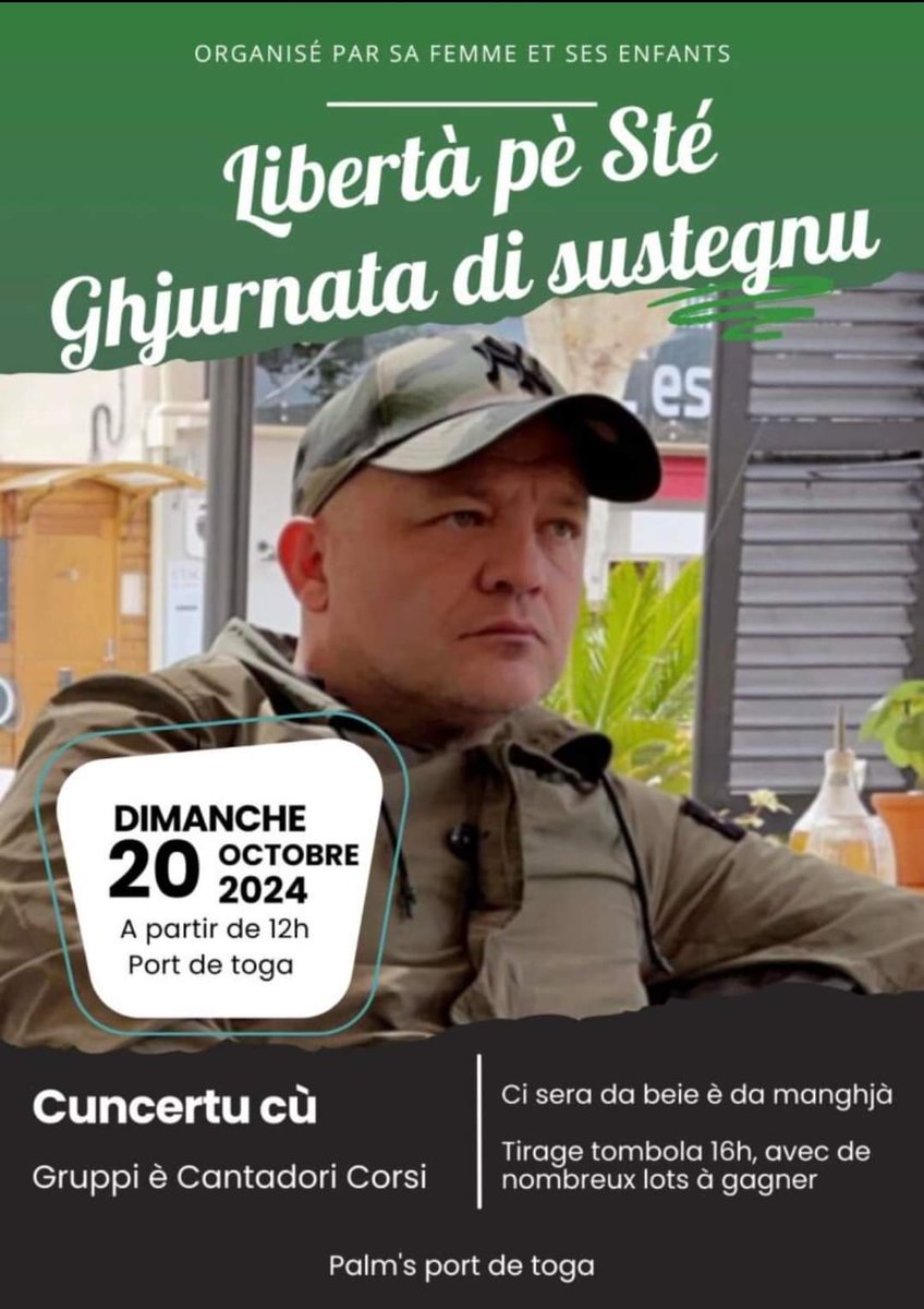 Ghjurnata di sustegnu à Stéphane Ori!
Dumenica u 20 d'ottobre in Bastia.
Urganisata da a famiglia.
LIBERTÀ!