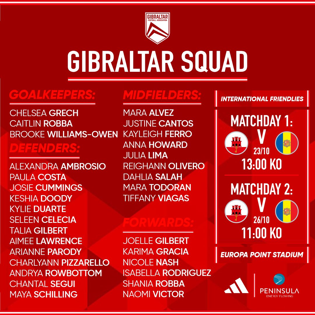 Presenting your 🇬🇮 WNT squad to face Andorra 🇦🇩 in their International Friendly double-header at the Europa Point Stadium

🇬🇮 vs 🇦🇩 | 23/10/24 | Europa Point Stadium
🇬🇮 vs 🇦🇩 | 26/10/24 | Europa Point Stadium

#GibraltarFA | #WNT