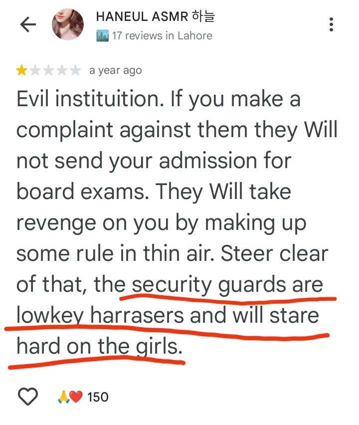 CharmSeiko's tweet photo. Review from Google maps of campus 10 clearly showing the predatory behaviour of their guards yet they didn't take notice
#PGCCampus10 
#PGC 
#pgclahore 
#PGC_ShameOnYou 
#Rape
#Lahore
#StudentSupport
#JusticeForPGCStudent
#pgclahore https://t.co/hMeCRSfwbG