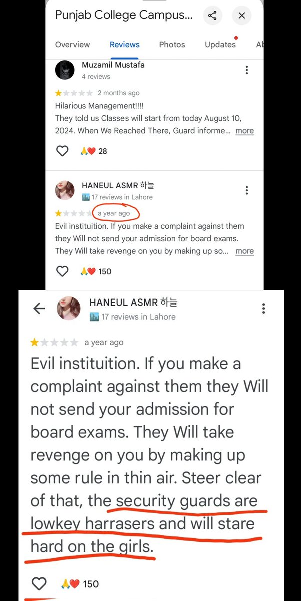 CharmSeiko's tweet photo. Review from Google maps of campus 10 clearly showing the predatory behaviour of their guards yet they didn't take notice
#PGCCampus10 
#PGC 
#pgclahore 
#PGC_ShameOnYou 
#Rape
#Lahore
#StudentSupport
#JusticeForPGCStudent
#pgclahore https://t.co/hMeCRSfwbG
