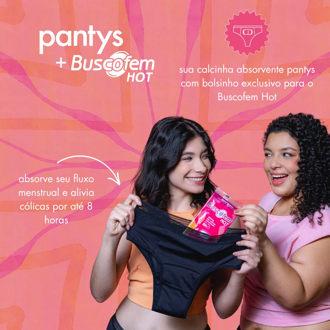 #buscopantys é a calcinha absorvente pantys com bolso exclusivo para o Buscofem Hot que será sua nova aliada durante os dias de menstruação e cólicas. você encaixa o seu adesivo térmico em sua pantys e que ao entrar em contato com o ar, se autoaquece, por até 8 horas! agora você
