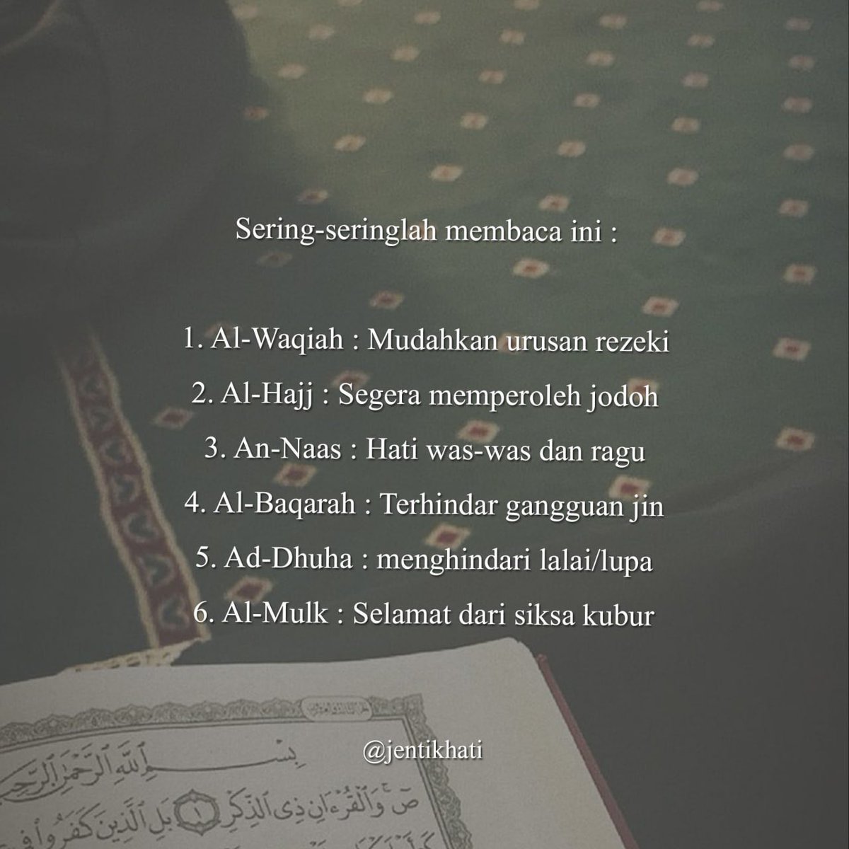 Bacalah Al-Quran setiap hari kerana ia akan datang pada hari kiamat sebagai pemberi syafa'at bagi pembacanya. (HR Muslim)