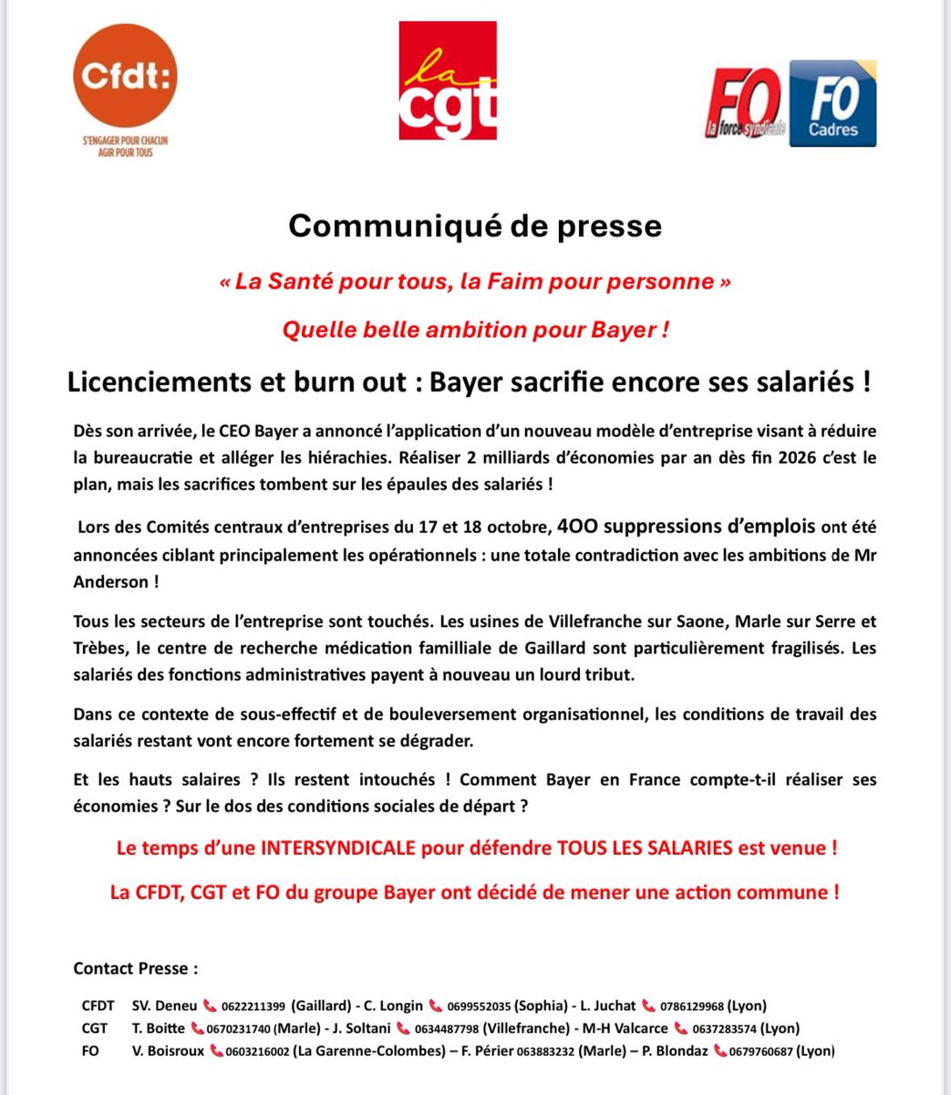 Communiquer de presse ‼️ 400 Licenciements : Bayer sacrifie encore ses salariés !