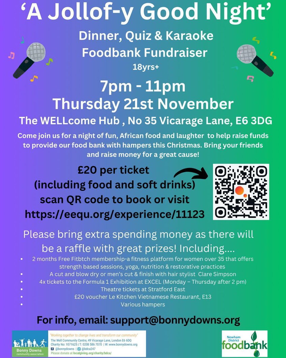 Join us for a fun-filled evening to raise funds for our food bank and support Christmas hampers at The WELLcome Hub.
The night includes, food, karaoke,, quiz, raffle prizes from local businesses.
- London Excel
- Stratford East
- Le Kitchen
- Fit Btch
- Claire Simpson