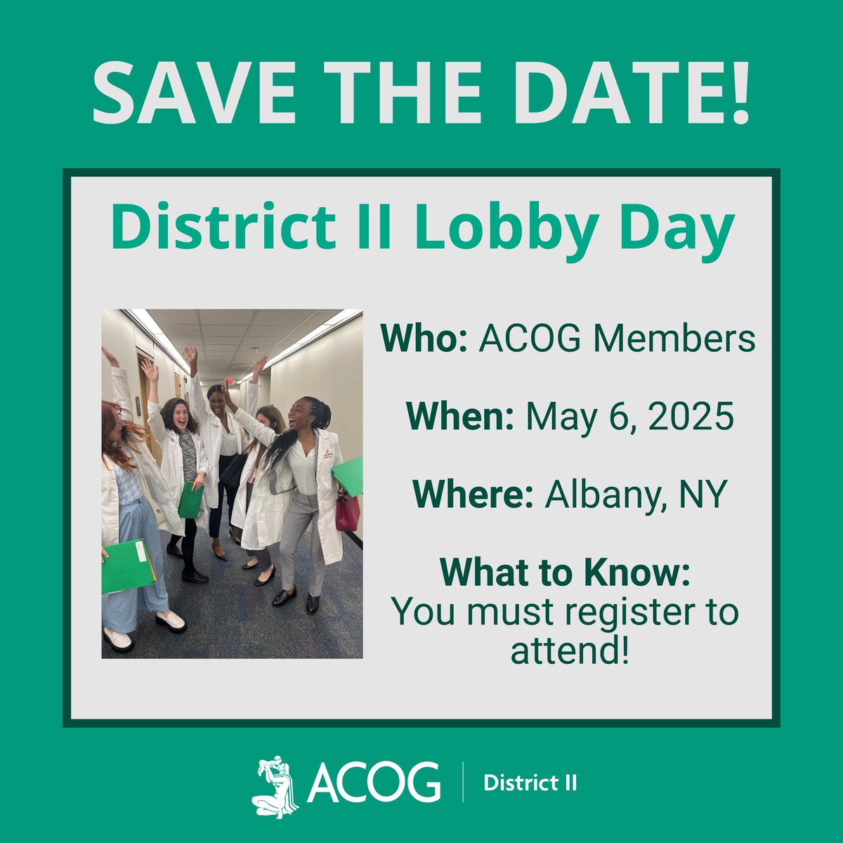 📣 ACOG District II’s Lobby Day will take place Tuesday, May 6, 2025! Join us in Albany to advocate for policies that matter to you. 

✅ Registration is forthcoming and is required to attend.