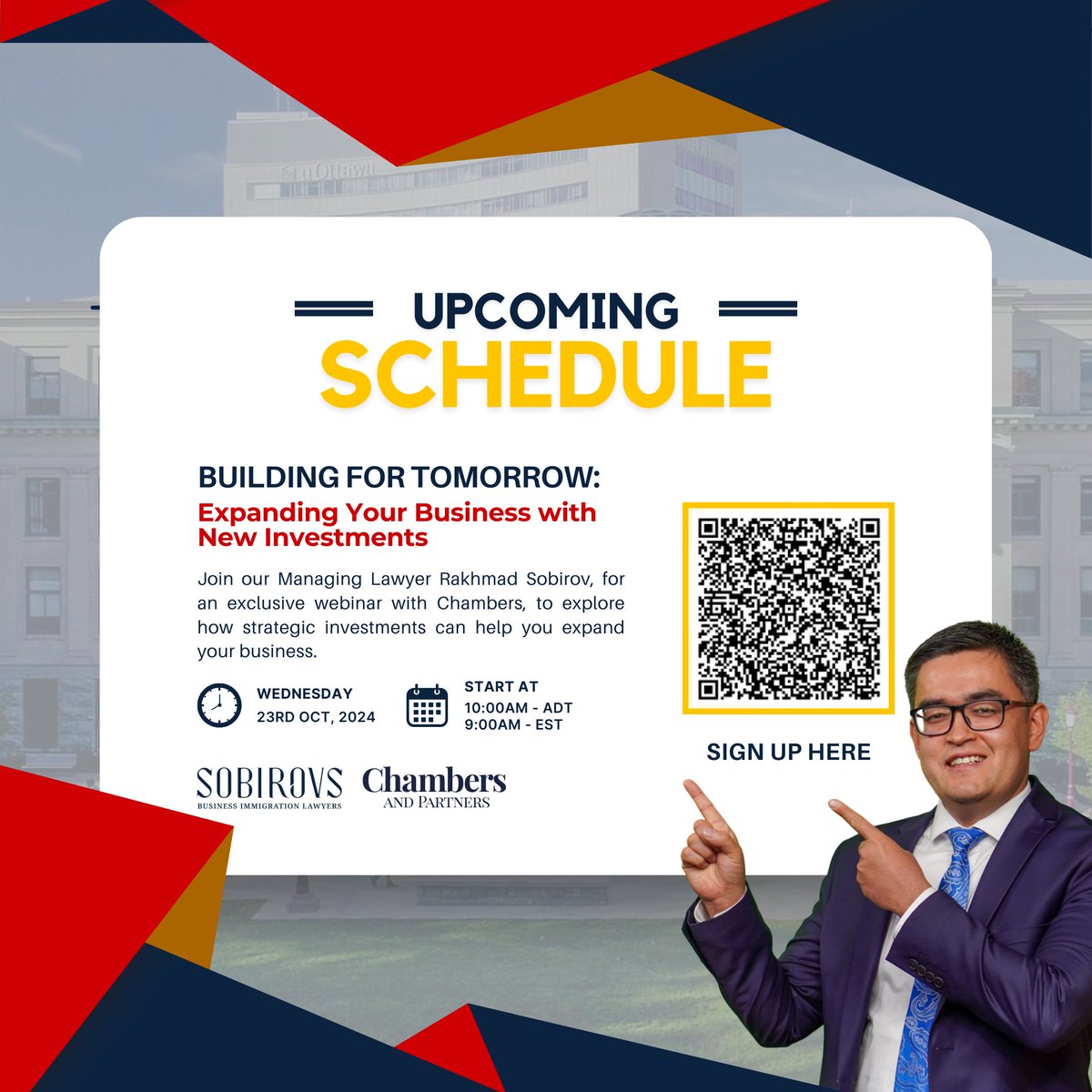 🚀 Building for Tomorrow: Expanding Your Business with New Investments 🌍

Join our Managing Lawyer <a href="/RakhmadSobirov/">Rakhmad Sobirov</a> for an exclusive webinar.

🗓️ Date: 23 October
🕒 Time: 10:00AM - ADT | 9:00 AM - EST
🔗 Register now: bit.ly/3Yu64Fq
\