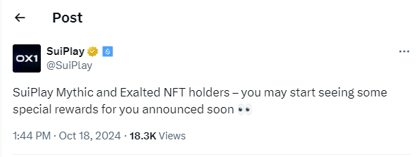 SuiCorner's tweet photo. 🚨BREAKING NEWS🚨
@SuiPlay has announced special rewards for Mythic and Exalted NFT holders
Soon you will be able to see announcements about special rewards👀🪂
#SuiOctober #SuiNetwork #BuildSui https://t.co/wQTuUqqfWI