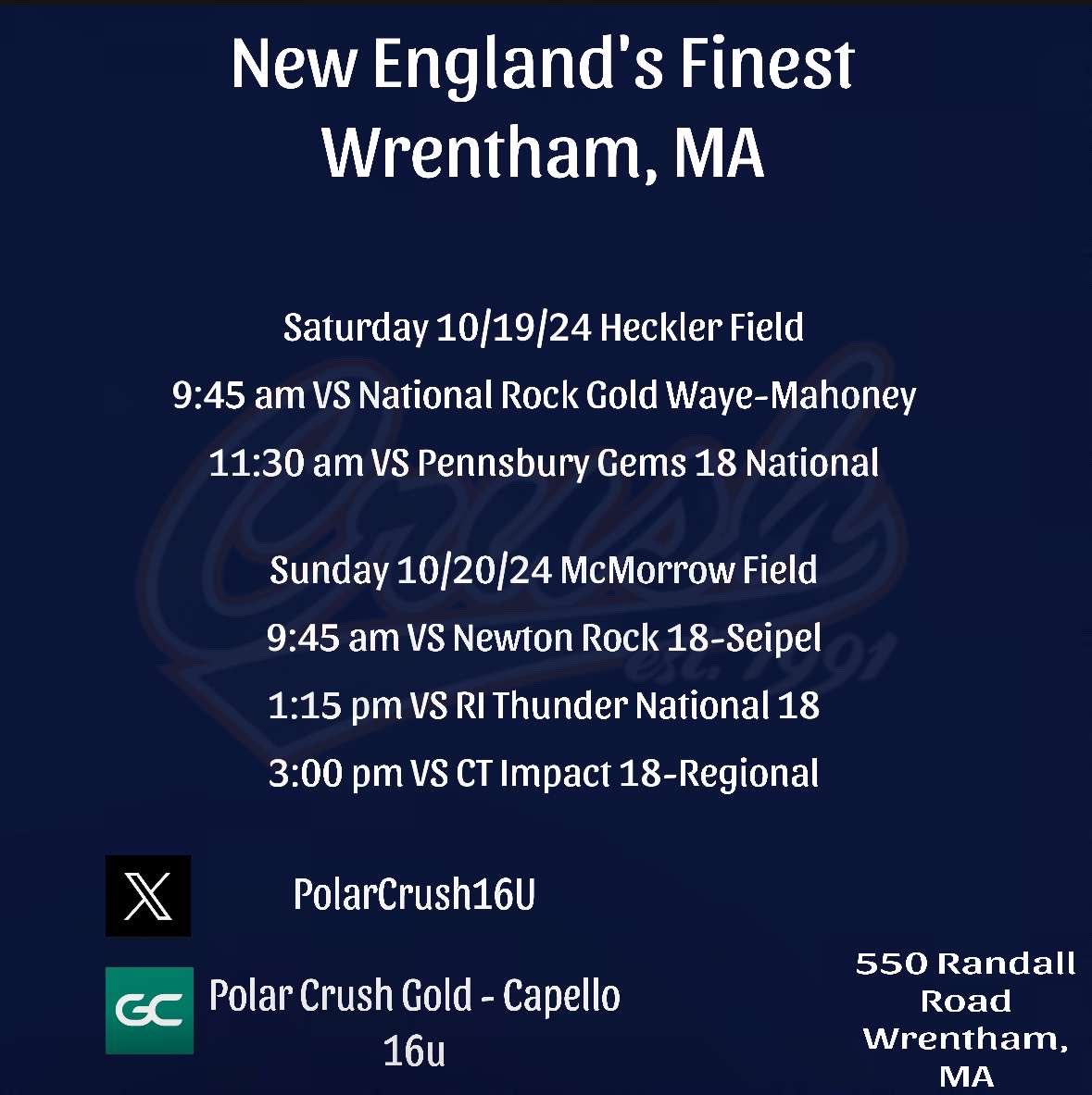 Ready to get back on the field this weekend at New England's Finest!! Here is our team schedule: