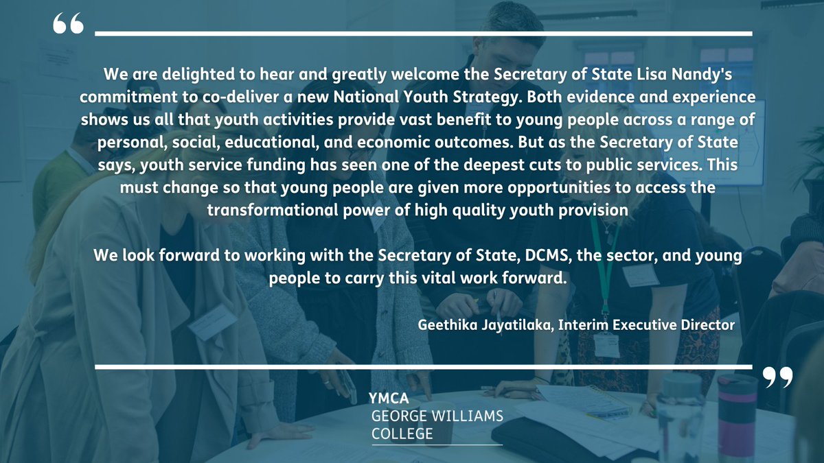 YMCA George Williams College (@ymcagwc) on Twitter photo YMCA George Williams College greatly welcomes the Secretary of State <a href="/lisanandy/">Lisa Nandy MP</a> commitment to co-deliver a new #NationalYouthStrategy.
Read our full statement below from Interim Executive Director, <a href="/Tweethika/">Geethika Jayatilaka</a>. YMCA George Williams College greatly welcomes the Secretary of State <a href="/lisanandy/">Lisa Nandy MP</a> commitment to co-deliver a new #NationalYouthStrategy.
Read our full statement below from Interim Executive Director, <a href="/Tweethika/">Geethika Jayatilaka</a>.