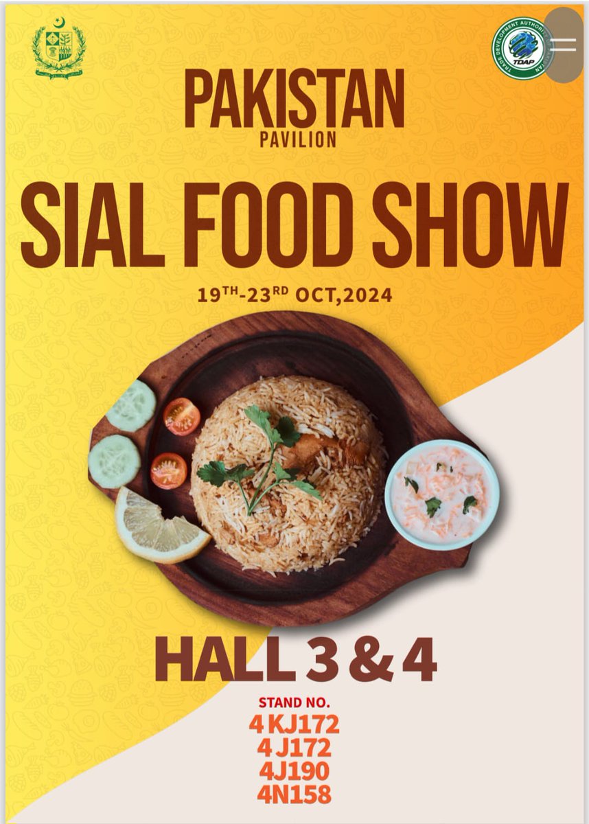 official_tdap's tweet photo. Get ready to explore the flavors of Pakistan at #SIALParis! 🍽️ From 19-23 October, visit the Pakistan Pavilion in Hall 3 & 4 to discover premium quality food products, traditional delicacies, and innovative food solutions from our finest exporters. #SIAL2024 #PakistanAtSIAL https://t.co/vN3jtWKfJV