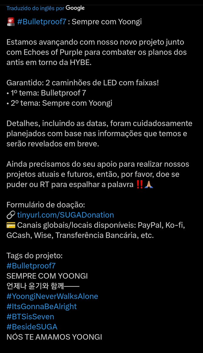 pjmchaos_'s tweet photo. Armys, leiam sobre esse projeto para o yoongi

Ele consiste em caminhões de led com dizeres de apoio ao bts e ao yoongi, então se não puderem doar, dêem rt para que mais pessoas fiquem sabendo

#YoongiNeverWalksAlone
#ItsGonnaBeAlright
#BTSisSeven
#BesideSUGA
WE LOVE YOU YOONGI https://t.co/69oD3RJfk3