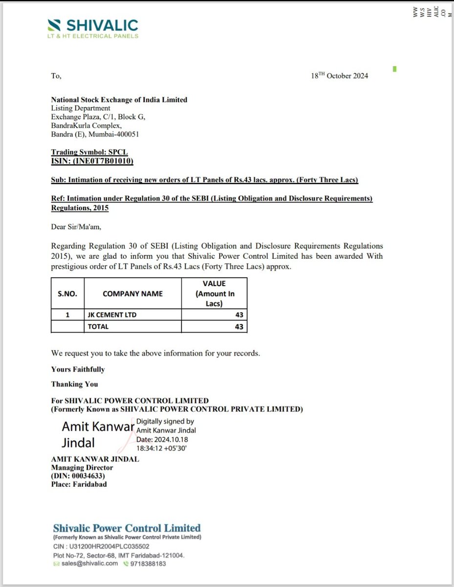 Jayasateesh1's tweet image. 📚Shivalic power control limited received new order worth Rs.43 lacs from JK CEMENT LTD.
#VISMAYA26
#SPCL
