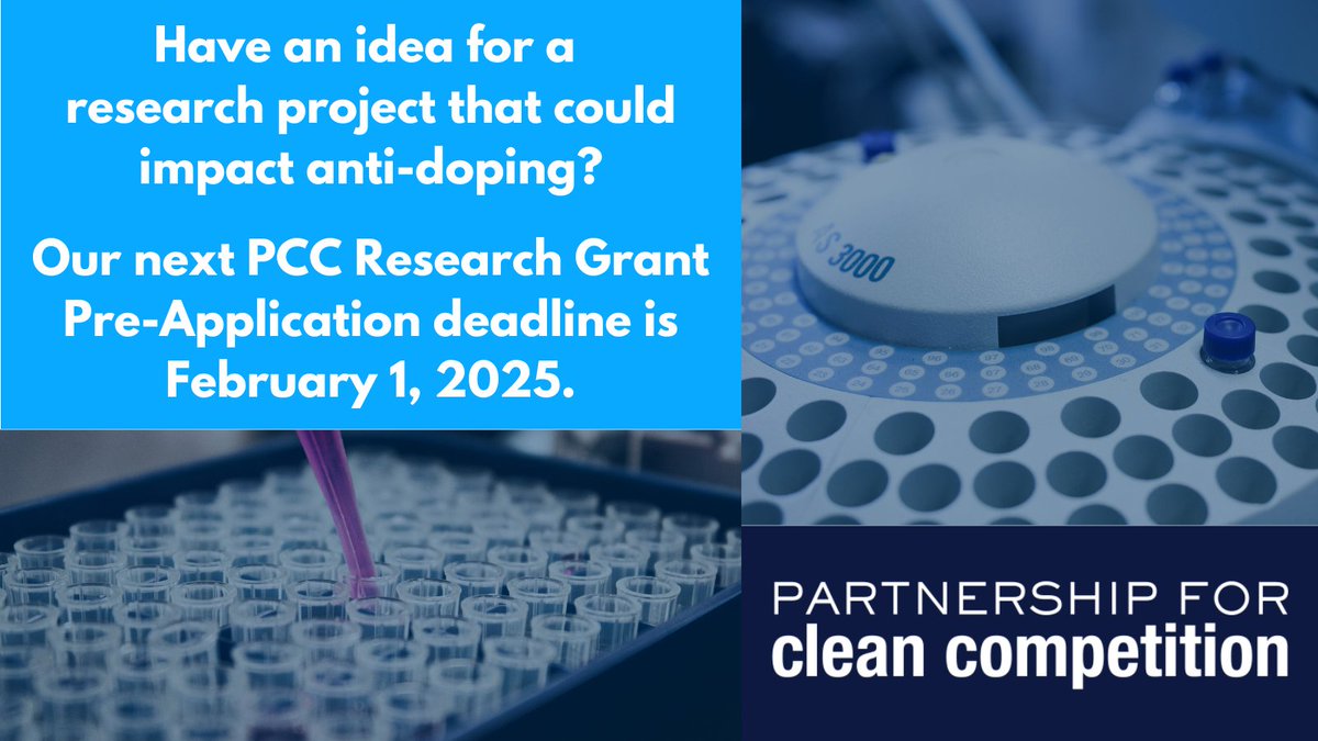Mark your calendars! The Pre-Application deadline for our next cycle of PCC Research Grants is February 1, 2025. Start planning your application early, &amp; visit our website to learn more about the application process, funding priorities, &amp; more.
cleancompetition.org/programs/grant… #antidoping
