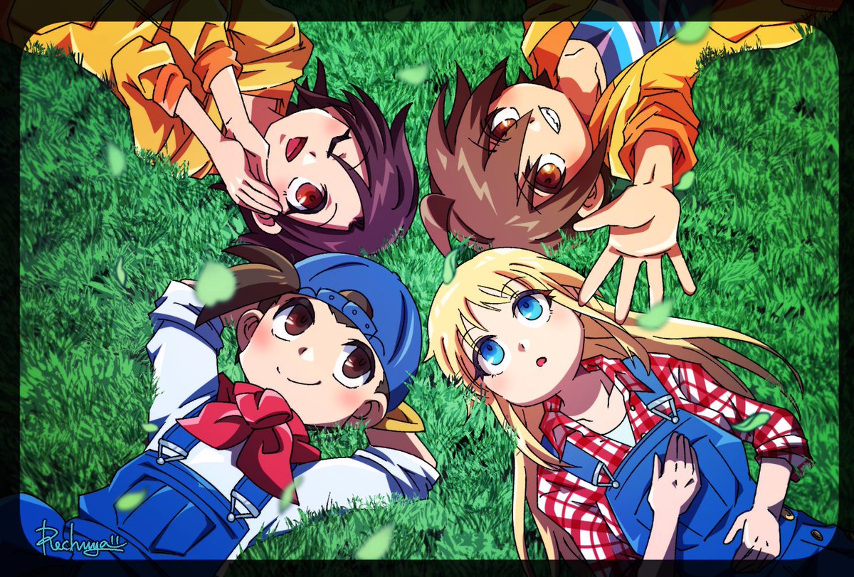 牧場物語　再会のミネラルタウン：主人公たち
５周年おめでとうございます！（昨日ね…）
イベント用に描いたイラストです🐥