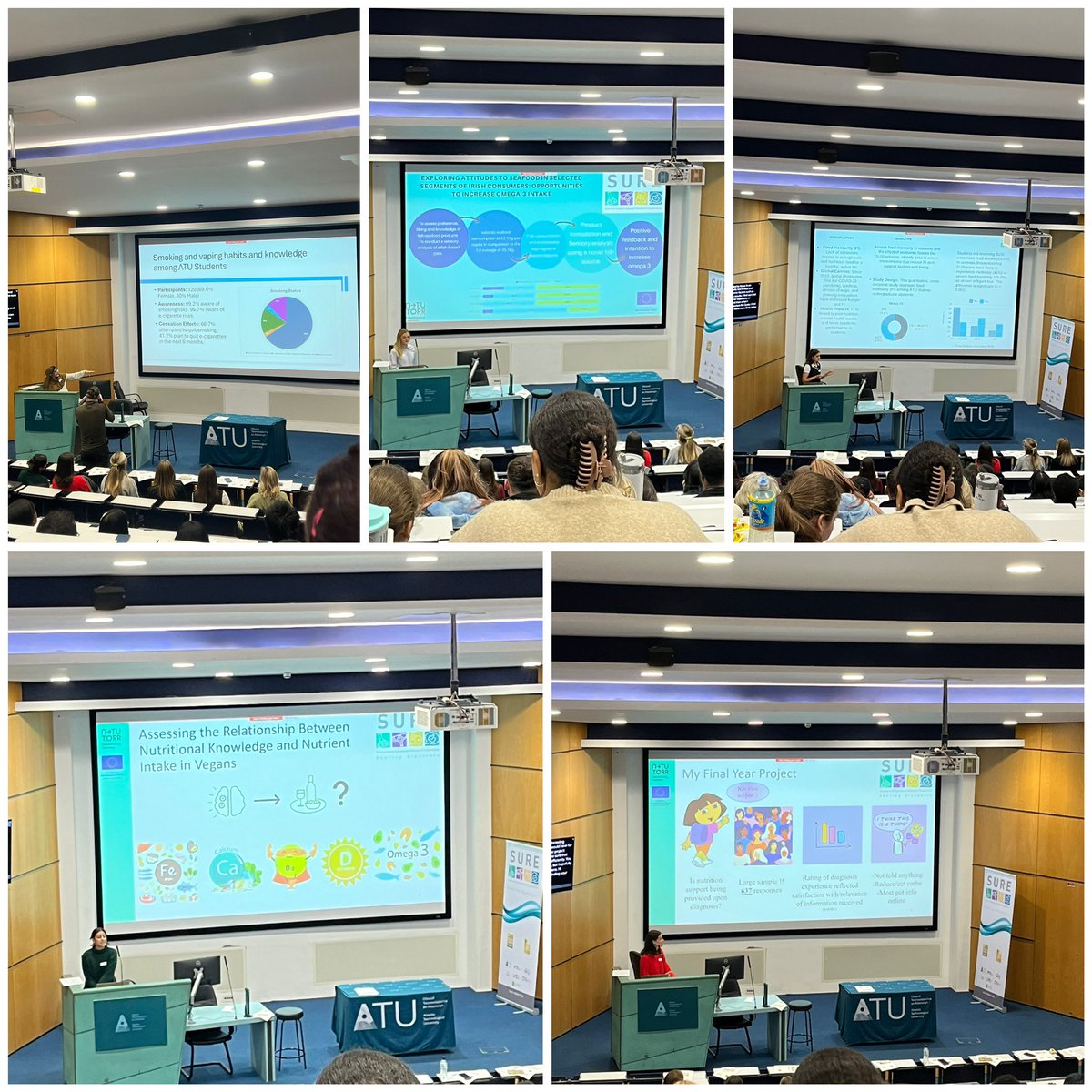 DrKarenKeane4's tweet photo. Great to see so many of last year’s Public Health Nutrition students presenting their final year projects at the #SURE2024 conference! They all did a fantastic job👏 #nutritionknowledge #plantbased #pcos #foodinsecurity #vaping #seafood #omega3 https://t.co/llwfa6e1uO