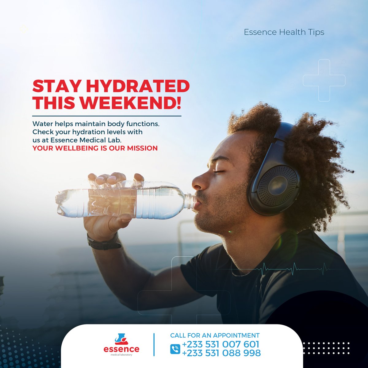 Essencemedilab's tweet photo. Stay Hydrated This Weekend!
Don't Forget your Health is your Wealth
Visit us for a checkup!
#health #healthylifestyle #checkuptime #essencehealth
#weekend #weekendvibes #essencehealthtips https://t.co/4vvHYNwf1B