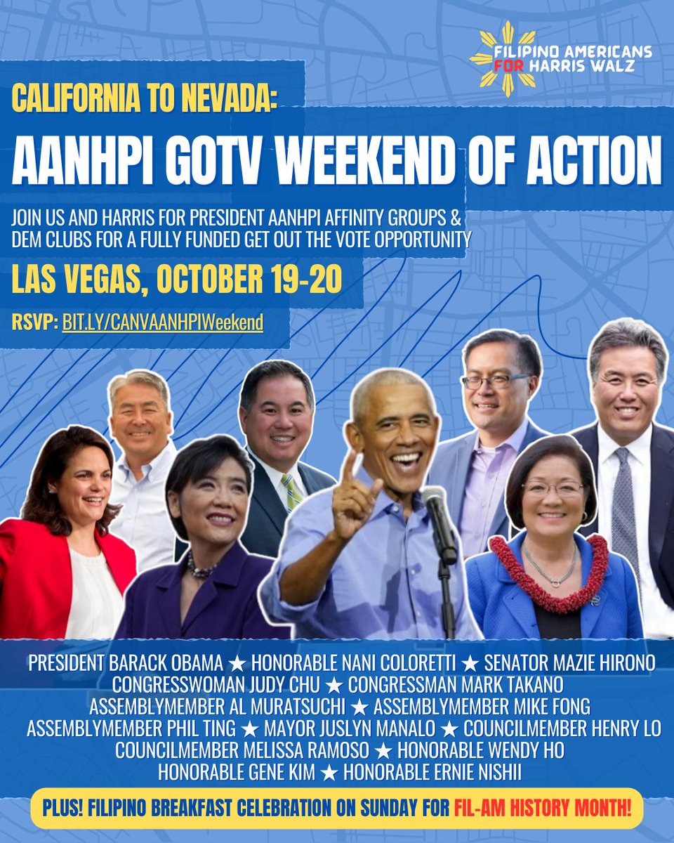filamsforharris's tweet photo. 🚨 EXCITING UPDATE! We’re thrilled to announce a rally featuring President Barack Obama as part of our CA to NV: AANHPI GOTV Weekend of Action, and many more special guests this weekend in Las Vegas! 

RSVP now: https://t.co/HaSBZCZc9Q https://t.co/62MEI1TDYk
