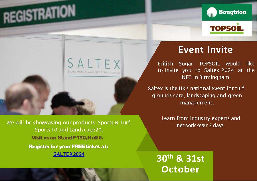 Just under 2 weeks to go until we're exhibiting at 
<a href="/SALTEX_show/">SALTEX | Turf Management Show</a> 

Come and see us on stand F180, Hall 6, NEC Birmingham. 

Register here for your free ticket - SALTEX 2024 Registration