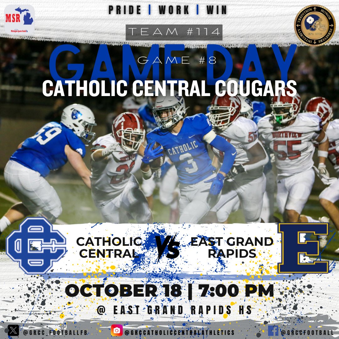 Grand Rapids Catholic Central Football 🏈 (@grcc_cougarsfb) on Twitter photo 🚨 Game #8 Information 🚨
🆚: Catholic Central v. East Grand Rapids
📅: 10.18.24
⏰: 7:00 PM
📍: East Grand Rapids Memorial Field
More information to follow, if necessary.
<a href="/FOX17Blitz/">FOX 17 Blitz</a> <a href="/13OYSL/">13 On Your Sidelines</a> <a href="/WOODTV/">WOOD TV8</a> <a href="/MichFBFrenzy/">Michigan Prep Frenzy</a> <a href="/TheD_Zone/">The D Zone</a> 🚨 Game #8 Information 🚨
🆚: Catholic Central v. East Grand Rapids
📅: 10.18.24
⏰: 7:00 PM
📍: East Grand Rapids Memorial Field
More information to follow, if necessary.
<a href="/FOX17Blitz/">FOX 17 Blitz</a> <a href="/13OYSL/">13 On Your Sidelines</a> <a href="/WOODTV/">WOOD TV8</a> <a href="/MichFBFrenzy/">Michigan Prep Frenzy</a> <a href="/TheD_Zone/">The D Zone</a>