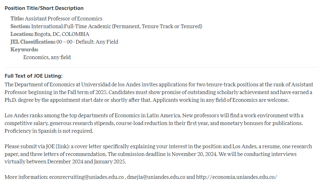 sandraguilarg's tweet photo. 🚨#Econjobmarket @EconomiaUAndes is hiring two assistant professors of any field of Economics!

https://t.co/pQP5GRPpAx

Come work at a vibrant community with amazing colleagues and brilliant students, in a beautiful country and city.
🧵 https://t.co/lrsCPcVOb7