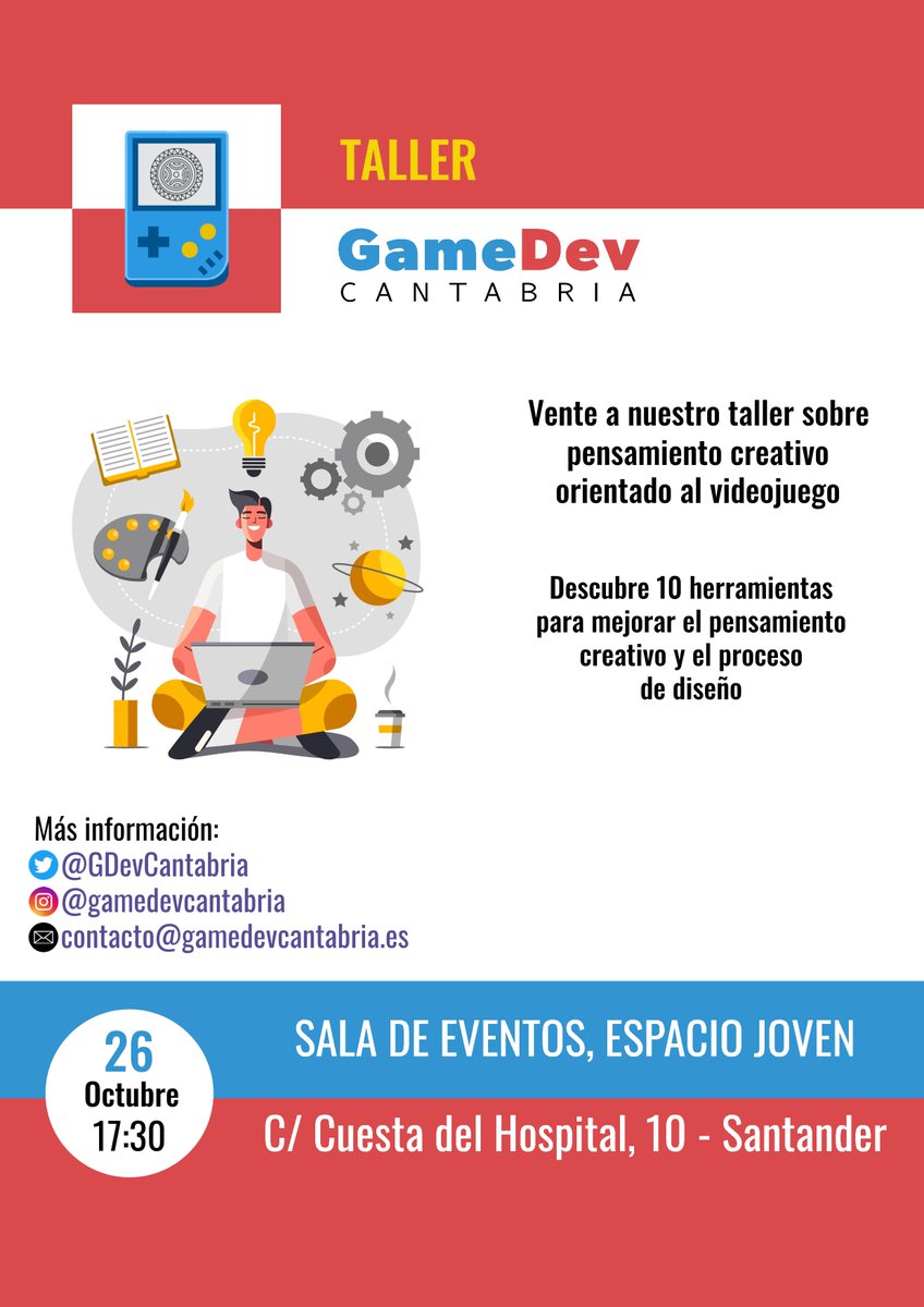 🗓️OCTUBRE 🗓️
El evento con el que cerramos este mes va a ser el taller "Pensamiento creativo aplicado al videojuego", que impartirá nuestro queridísimo Eric del Río el sábado 26 a las 17:30 en <a href="/ejovensantander/">Espacio Joven</a> 
Abierto a todo el mundo, sin inscripción previa. ¡Nos vemos allí!