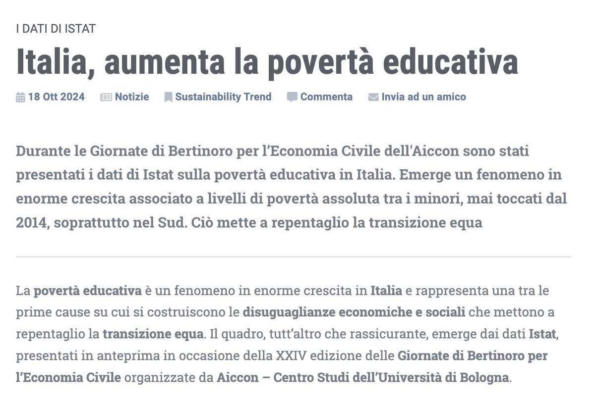 📍Italia, aumenta la povertà educativa 
<a href="/AICCONnonprofit/">AICCON Research Center</a> 
🗞 Leggi l'articolo sul nostro sito: eticanews.it/italia-aumenta…