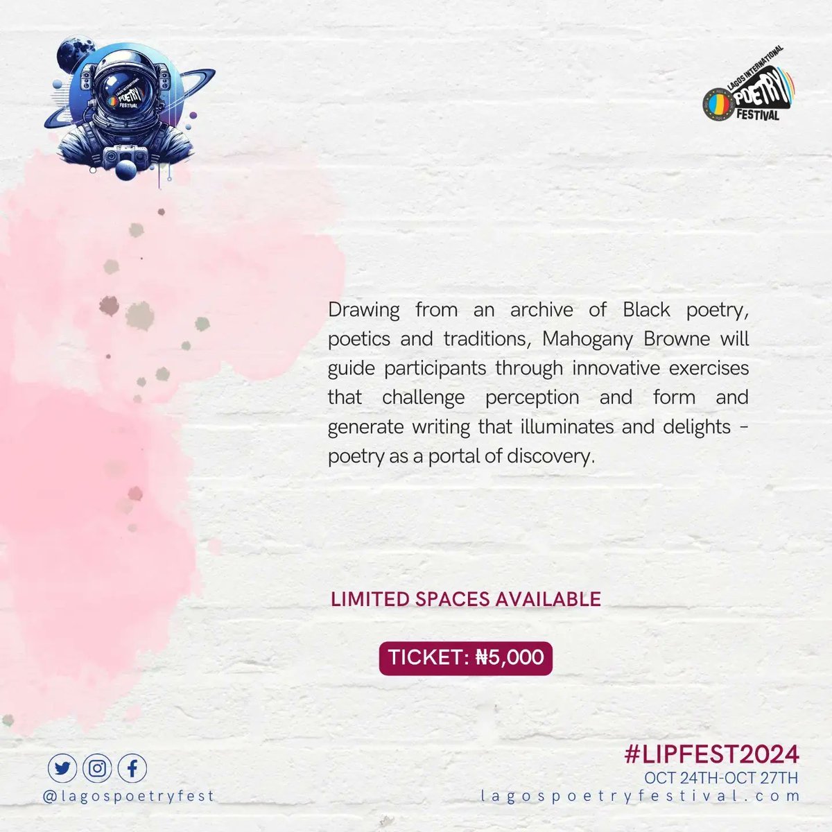 Drawing from an archive of Black poetry, poetics and traditions, Mahogany Browne will guide participants through innovative exercises that challenge perception and form and generate writing that illuminates and delights – poetry as a portal of discovery.