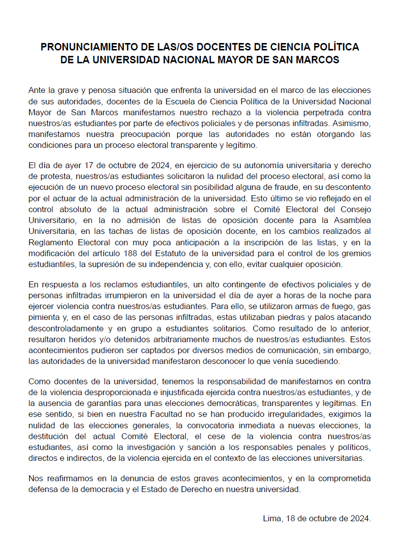 ileanarojas's tweet photo. #SANMARCOS 🔊 Docentes de la Escuela de Ciencia Política de la #UNMSM comprometidos/as con la democracia manifestamos nuestro rechazo a la brutalidad policial y de infiltrados en perjuicio de nuestros/as estudiantes, y en contra de un proceso electoral autoritario e ilegítimo. https://t.co/BkSY4kNjzt