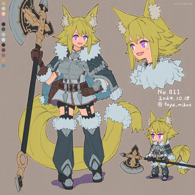 character idea sketch【No.011-女獣人の斧使い】小さい子が重そうな武器を持って戦うの好き。#100枚キャラ描いたらキャラデザの仕事が来る#OC #doodle 