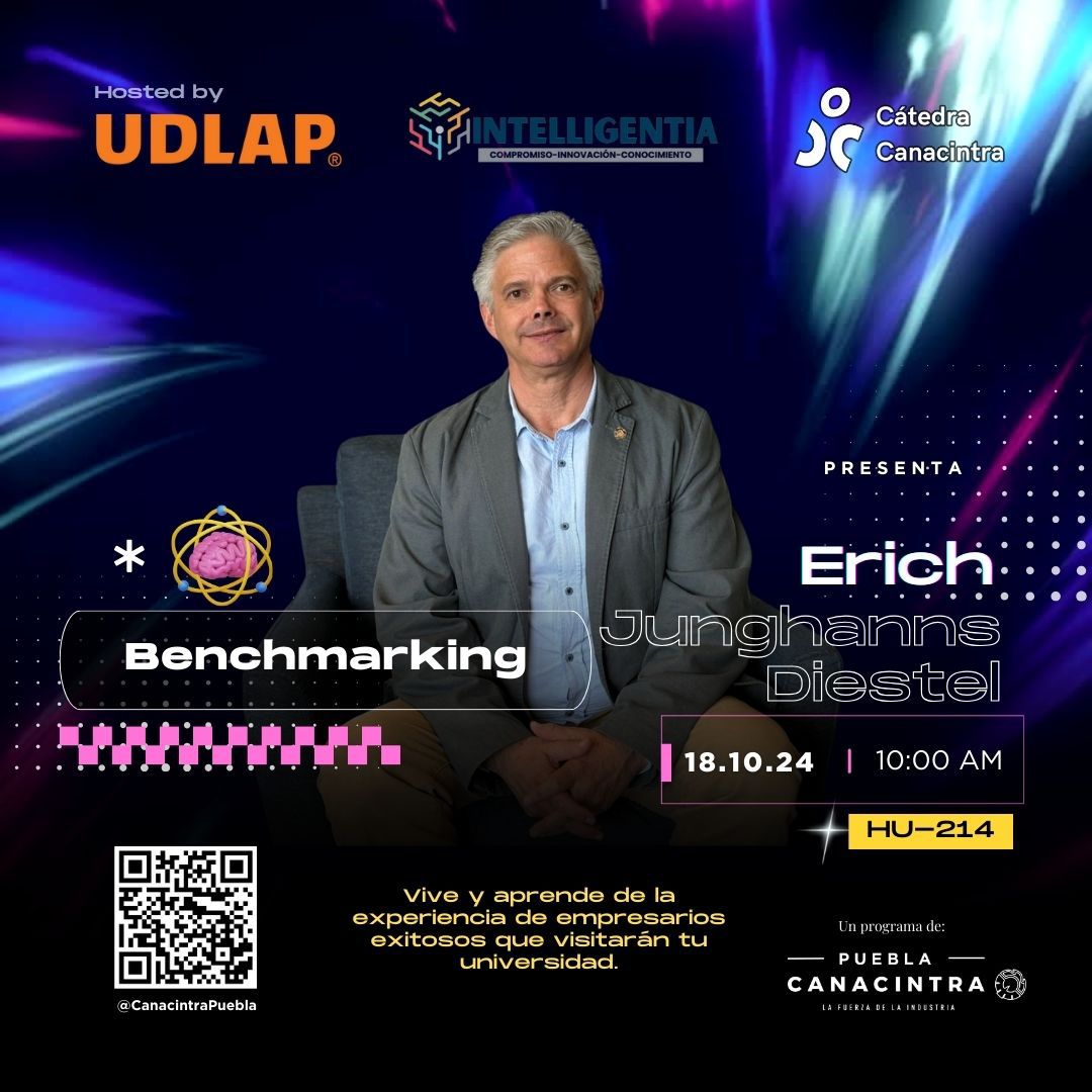 ¡Hoy en <a href="/UDLAP/">UDLAP</a> presentamos #CátedraCANACINTRA con nuestro experto <a href="/erichjunghanns/">Erich Junghanns</a>! 👏🏼 
Exploraremos a fondo el #Benchmarking: un proceso estratégico que implica analizar a fondo mercados y competidores para identificar mejores prácticas, #Innovar y #OptimizarElDesempeño tanto a