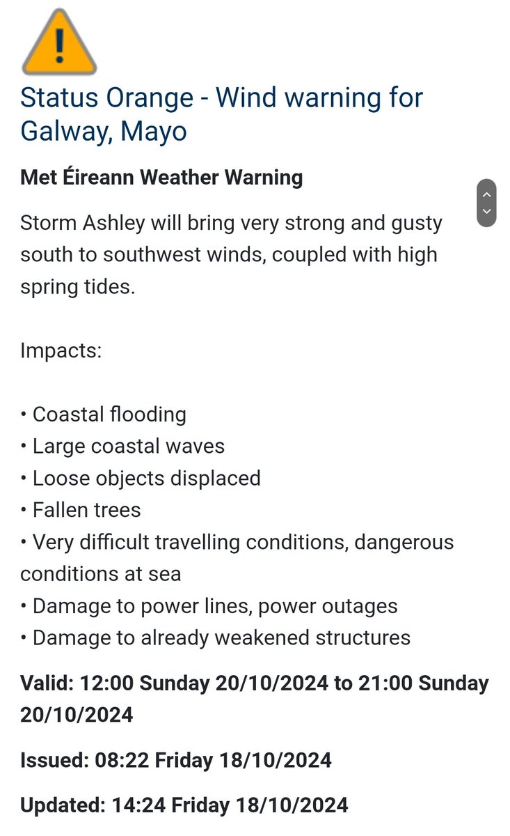 AchillRNLI's tweet photo. @MetEireann has issued a #StatusOrange Wind Warning for Mayo and Galway ahead of the arrival of #StormAshley on Sunday. With #SpringTides also forecast, please exercise caution along our coasts and monitor for updates. In an emergency, ☎️ 999 or 112 and ask for the Coast Guard. https://t.co/sCo2FHXV8z