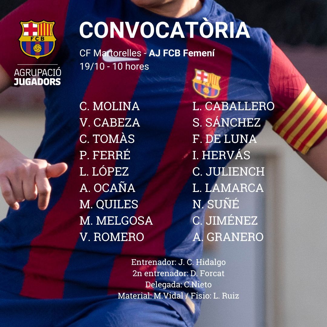 FCBjugadors's tweet photo. 🔵 🔴DOBLE PARTIT = 🔥 🔥 DOBLE CONVOCATÒRIA

📆 Dissabte 19/10
AJ FCB Femení &amp; AJ FCB Masculí
📍 Camp Municipal Martorelles https://t.co/FDPkwevUKy