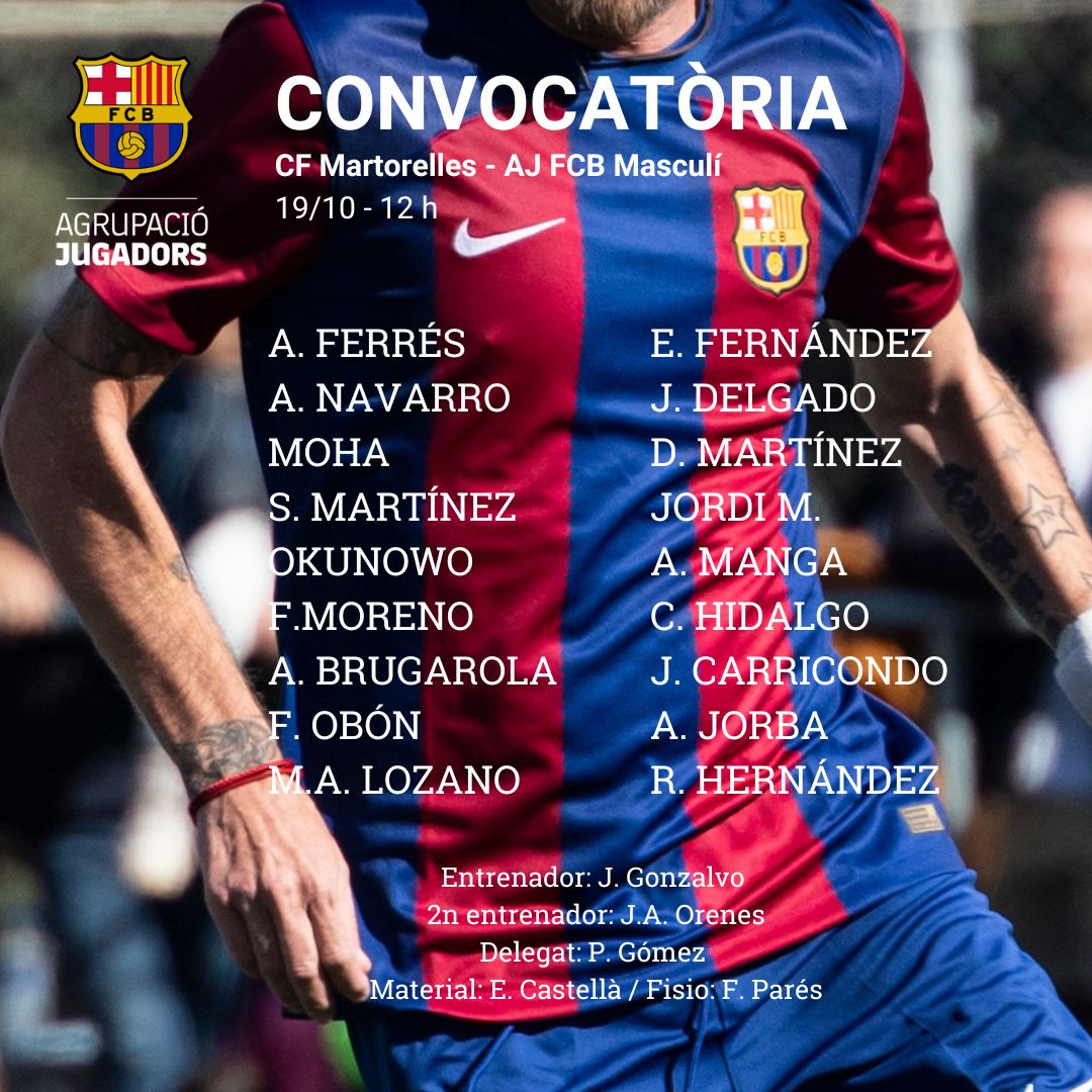 FCBjugadors's tweet photo. 🔵 🔴DOBLE PARTIT = 🔥 🔥 DOBLE CONVOCATÒRIA

📆 Dissabte 19/10
AJ FCB Femení &amp; AJ FCB Masculí
📍 Camp Municipal Martorelles https://t.co/FDPkwevUKy