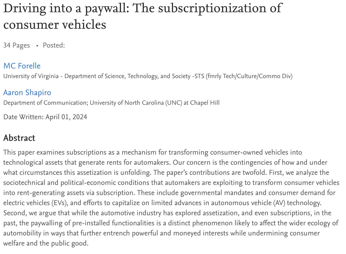 MC Forelle &amp; I wrote a paper about #assetization
 in the automotive sector, forthcoming in Engaging Science, Technology &amp; Society. "Driving into a paywall: The subscriptionization of consumer vehicles." Pre-print here papers.ssrn.com/sol3/papers.cf…
