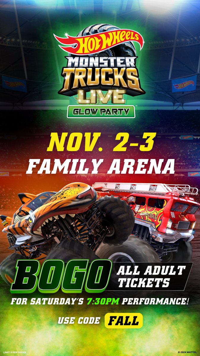 🚨 BOGO Alert! 🚨 Don't miss out on the Hot Wheels Monster Trucks Live Glow Party! Buy One Get One tickets are available for the Saturday, November 2 show at 7:30 pm! 🎟️ Use Promo Code FALL to grab this fantastic deal. Act fast and secure your seats now! bit.ly/3BSKbXB