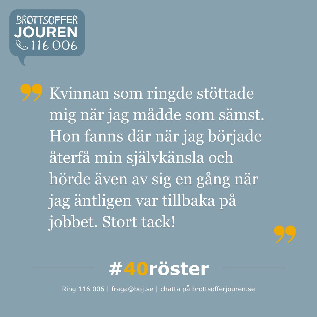 Psykiskt &amp;  fysiskt våld kan allvarligt skada personers självkänsla. Skuld, skam, band till förövaren &amp; rädsla för konsekvenser hindrar många från att söka stöd. BOJ har stöttat brottsutsatta i 40 år. Hör några av dessa röster  i kampanjen #40röster. #stödsomgerkraft #BOJ