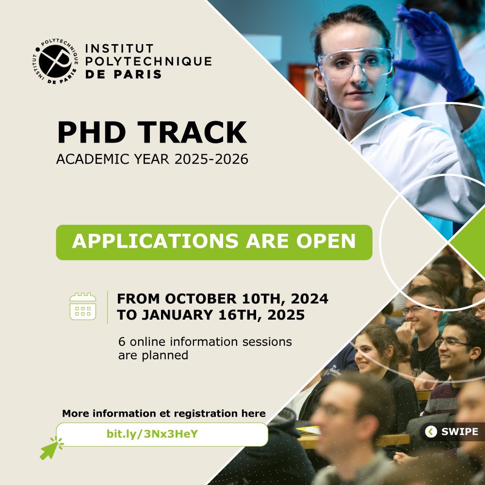 IP_Paris_'s tweet photo. [#IPParisAdmissions]
🚀 Applications for the #PhDTrack programs are officially open! 🎓

Designed for talented students with a strong interest in research, IP Paris’s PhD-Track offers 12 cutting-edge programs, 100% taught in English, from Computer Science to Data & Artificial Intelligence, Mathematics, Physics, and more.

Apply Now - https://t.co/NXeMAqtoeU

🔔 Don’t miss it! WEBINAR
📅 Tuesday, 22nd October
🕚 Time: 09:00 – 10:00 CET (Paris)
👉 Register NOW: https://t.co/lQ8LLeuWfE

Can’t make it ? Join another webinar and get personalized advice for a successful application
Check the calendar below – swipe!

👉 Learn more and apply here: https://t.co/iGxx1zWZ1Q

#PhDTrack #IPParis #InstitutPolytechniquedeParis#StudyInFrance #ApplyNow #webinar #studyinenglish 
@Polytechnique @ENSTAParis @EcoledesPontsMS @ENSAEparis @telecomparis @TelecomSudParis