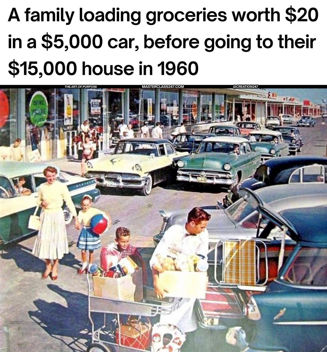 creation247's tweet photo. America in 1960
- Gas: $.30 a gallon  
- Average car: $5000  
- Average home: $15,000
- Groceries: $20/week   
- Cites have little to no crime
- 80% of children with two parents 

America in 2024                                                                     
- Gas: $4 a gallon 
- Average car: $47,400
- Average home: $519,700
- Groceries: $200/week
- Cities are uninhabitable
- Single moms raise 50% of children 

America's gotten worse since 1960  

Do you agree or disagree?