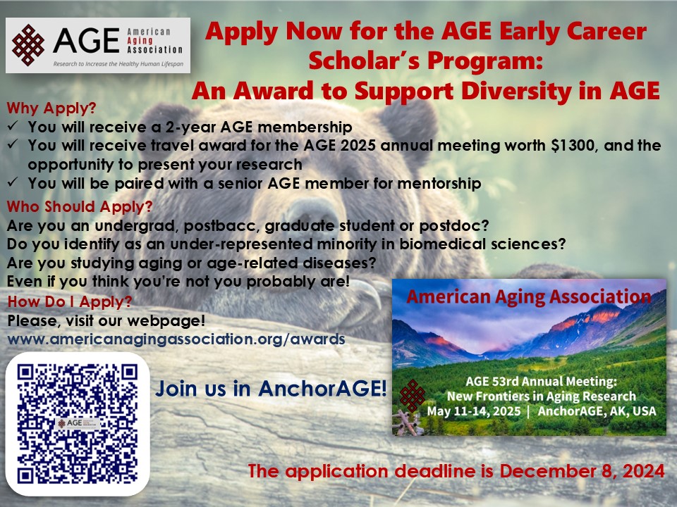 Applications are now open for this year's Early Career Scholars award! Click the link below for more details, and spread the word about this great program to support trainees and diversity in AGE! #AGETC #AGEScholars
americanagingassociation.org/awards
